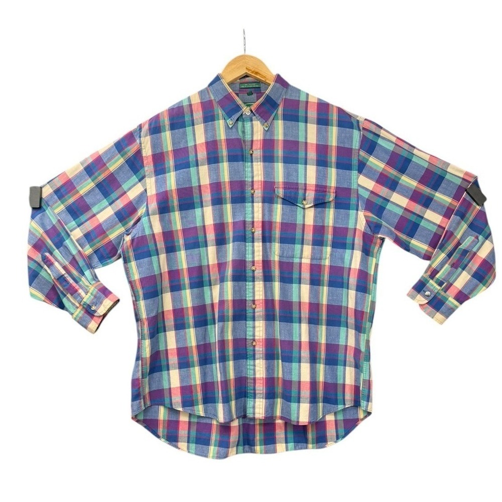 IZOD Button Down Shirt Mens Large Plaid Multicolor Cotton Long Sleeve Casual VTG
